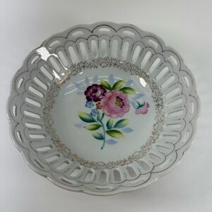Vintage Porcelain Candy Dish Trinket Bowl Cut Out Floral Trim Japan Hand Painted